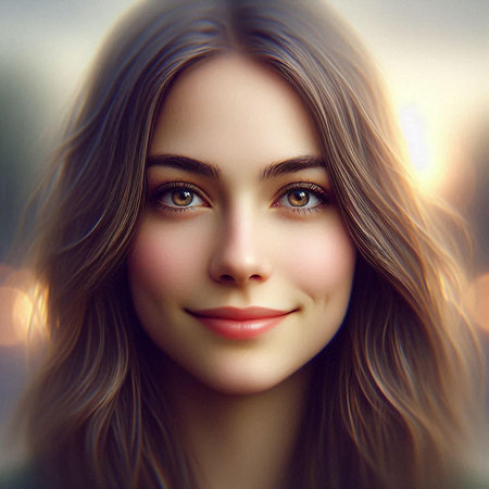 Portrait of a beautiful young woman with long wavy hair.の素材