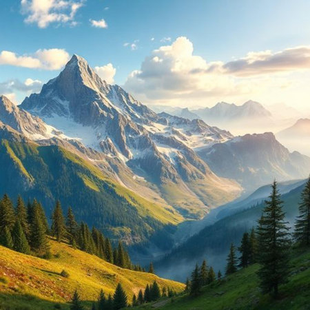 Mountain landscape with snowcapped peaks and coniferous forestの素材