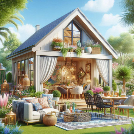 3d render of a house in the garden with plants and furnitureの素材