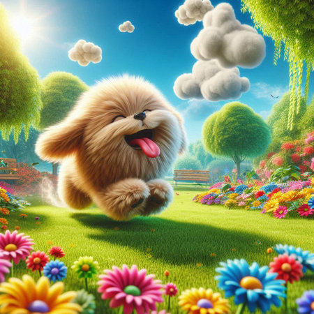 Pomeranian dog jumping in the meadow. 3D renderingの素材