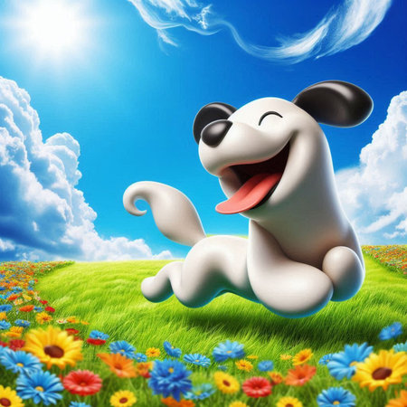 Cute cartoon panda lying on green meadow with colorful flowersの素材
