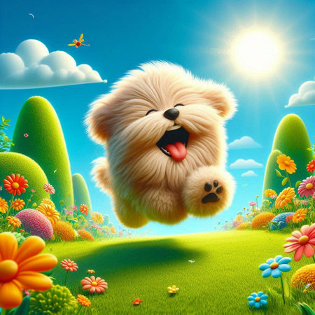 puppy in the meadow with flowers - 3d illustrationの素材