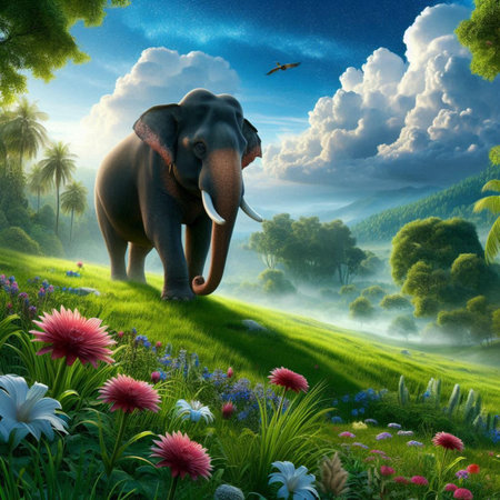 Elephant on the meadow with flowers. 3D illustration.の素材