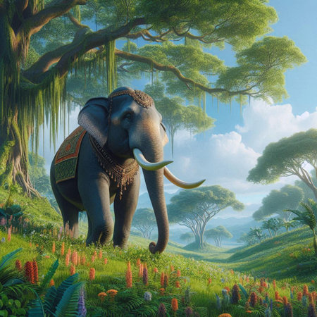 Elephant in the jungle. 3D render. Illustration.の素材