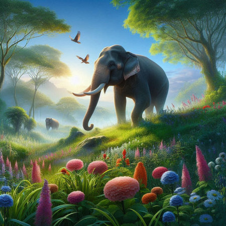 Elephant in the meadow with flowers and birds - digital paintingの素材