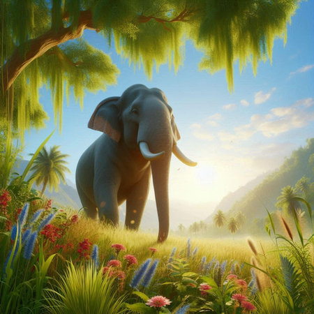 Elephant in the meadow with flowers and tree, digital paintingの素材