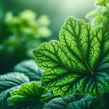 Closeup of fresh green leaves with dew drops. Nature backgroundの素材
