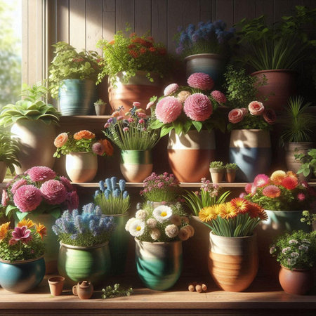 Flowers in pots on a shelf in a room with wooden wallsの素材