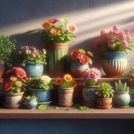 Flowers in pots on a wooden shelf in the sun light.の素材