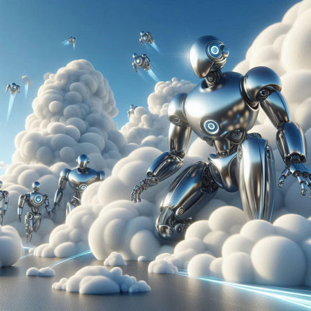 Robot in the clouds. 3D illustration. 3D rendering.の素材