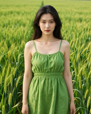 Portrait of a beautiful asian woman in green dress standing in wheat fieldの素材