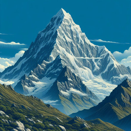 Beautiful mountain landscape with snow-capped peaks. 3d renderingの素材