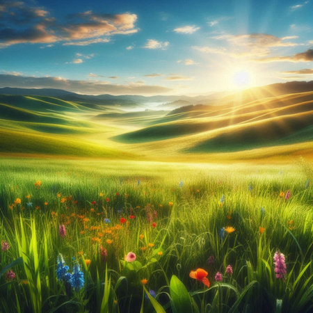 Meadow of grass and flowers at sunset. Nature composition.の素材