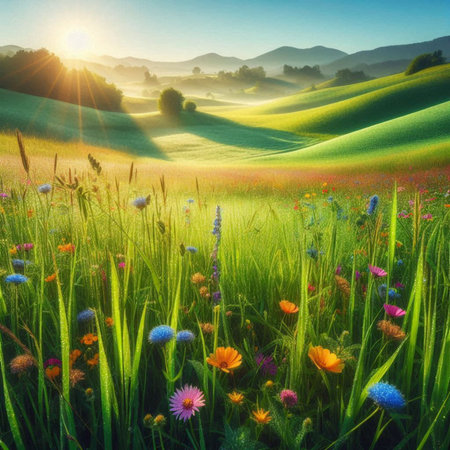 Beautiful spring landscape with meadow and sun in the mountains.の素材