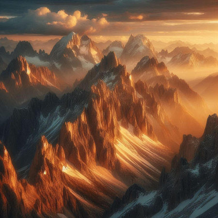 Mountains in the clouds at sunset. Digital painting. Computer graphics.の素材