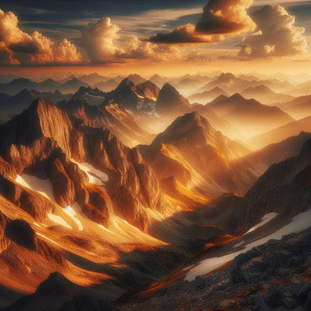 Mountain landscape in the clouds. 3D rendering. Computer digital drawing.の素材