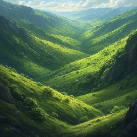 Mountain landscape with green meadows and blue sky. 3d renderの素材