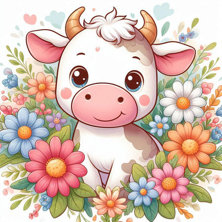 Cute cartoon cow with flowers on white background. Vector illustration.の素材