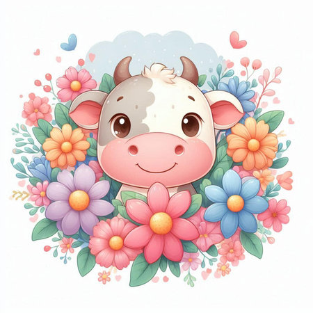 Cute cartoon cow with flowers. Vector illustration for your design.の素材