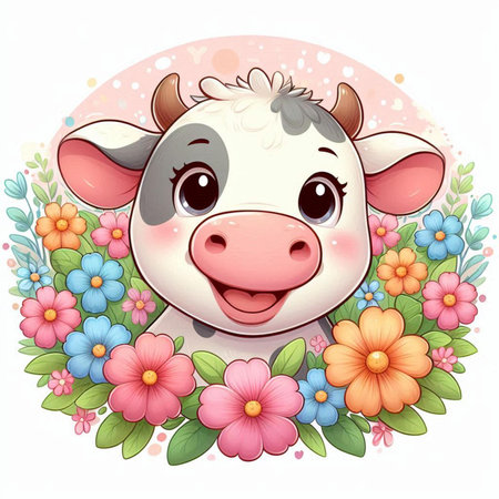 Cute cartoon cow with flowers. Vector illustration on white background.の素材