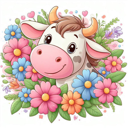 Cute cartoon cow surrounded by flowers and hearts. Vector illustration.の素材