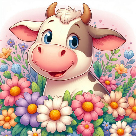 Illustration of a cute cow surrounded by flowers on a white backgroundの素材