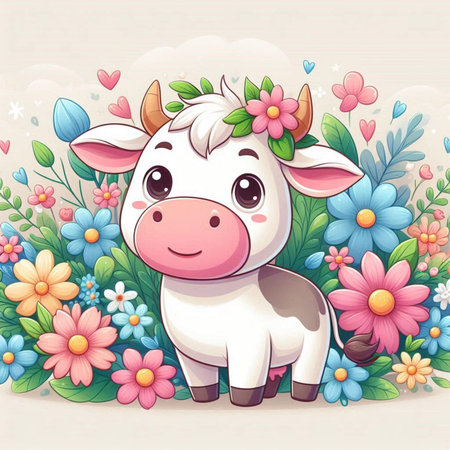 Cute cartoon cow with flowers. Vector illustration for your design.の素材