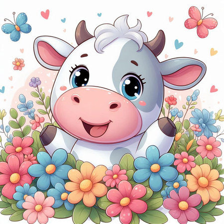Cute cartoon cow with flowers on white background. Vector illustration.の素材