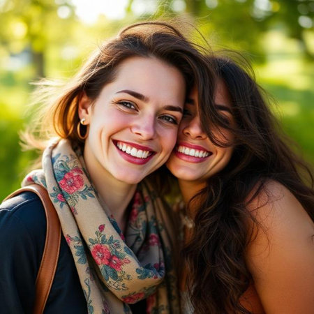 Portrait of two beautiful young women smiling and hugging in the parkの素材