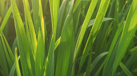 Closeup of green grass in the field at sunset. Nature backgroundの写真素材