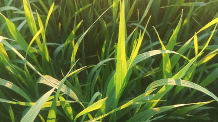 Close up of green grass with sunlight in the morning. Natural background.