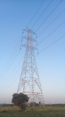 High-voltage tower in the field with blue sky background.