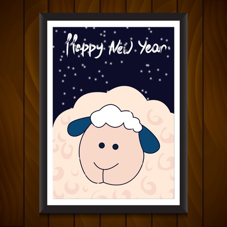 New Year Poster with Cute Cartoon Sheep. Symbol of 2015 year. Year of the Sheep. Vector Illustration.のイラスト素材