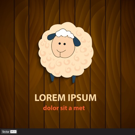 Vector illustration of cartoon sheep. Icon on wood background textureのイラスト素材