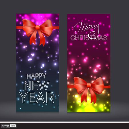 Christmas flyer with ribbon and bow. Vector invitation for holiday with glowing circles.のイラスト素材
