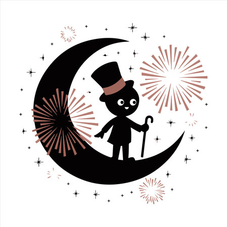 cute cat with hat and cane over the moon. vector illustrationのイラスト素材