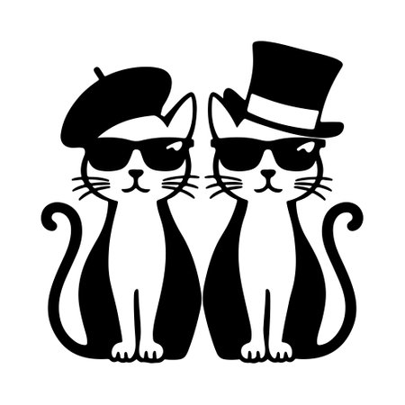 Black and white cats in a hat and sunglasses. Vector illustration.のイラスト素材