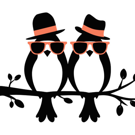 Two penguins in sunglasses on a tree branch. Vector illustration.のイラスト素材