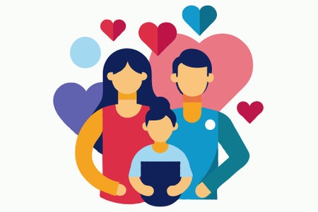 Flat design vector illustration of a family with a child and a tabletのイラスト素材