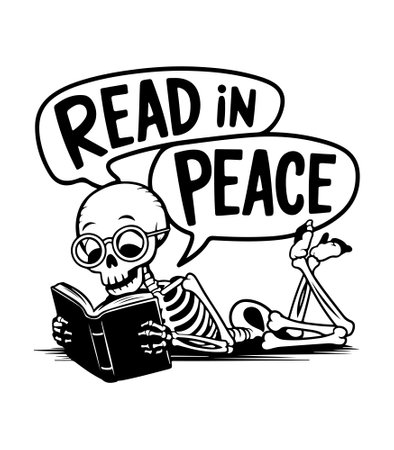 Vector illustration of a skeleton reading a book with text read in peaceのイラスト素材