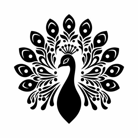 Peacock silhouette. Black and white vector illustration. Isolated on white background.のイラスト素材