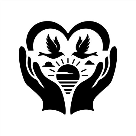 Hands holding a heart with a light bulb in the shape of a heart. Black and white vector illustration.のイラスト素材