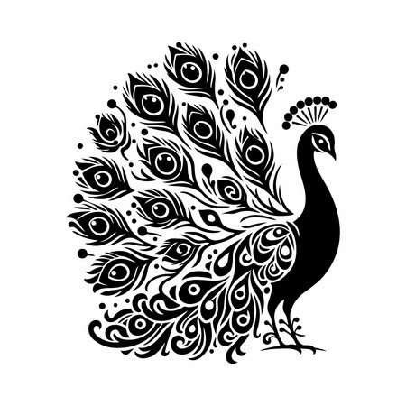 Peacock. Hand drawn vector illustration. Black and white.のイラスト素材