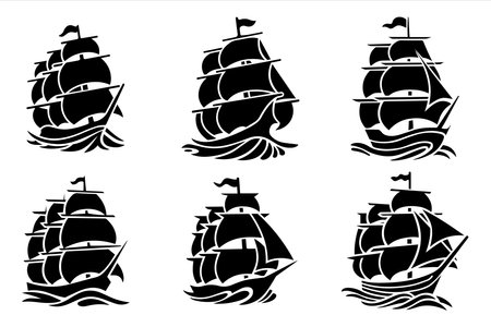 Frigate ship silhouette vector set of a isolated sailing vessel and caravel icons illustration.のイラスト素材
