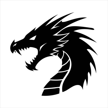 A stylized black silhouette of a dragon's head, facing left, with sharp teeth, glowing eyes, and spiky mane, isolated on a white background. Perfect for fantasy or gaming themes.のイラスト素材
