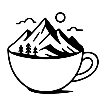 Coffee cup with mountains and trees. Vector illustration in black and white.のイラスト素材