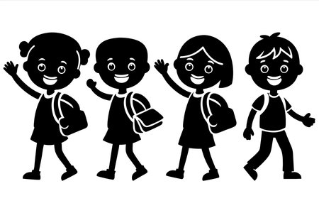 Black and white vector illustration of a group of children with backpacksのイラスト素材