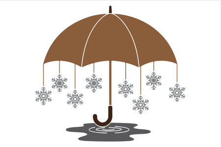 An illustration of a brown umbrella with snowflakes hanging from its edges, set against a white background. The umbrella is open and positioned centrally, with several snowflakes suspended beneath it, creating a whimsical winter scene.のイラスト素材