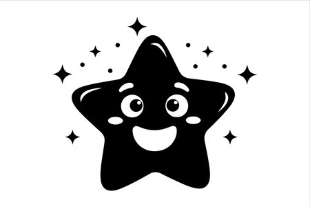 This image features a cheerful star with a smiling face and eyes, surrounded by sparkling stars. The star appears to be joyful and is set against a plain background.のイラスト素材