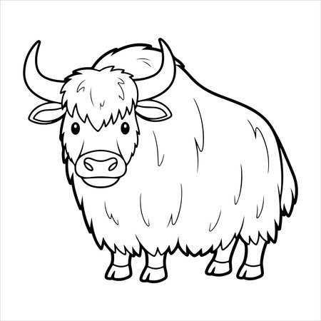 A simple line drawing of a fluffy yak, perfect for children's coloring pages or educational materials. This adorable animal is ready to be brought to life with color.のイラスト素材